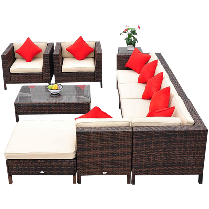 Outsunny 9-Piece Outdoor PE Rattan Wicker Sectional Patio Sofa Chair Set
